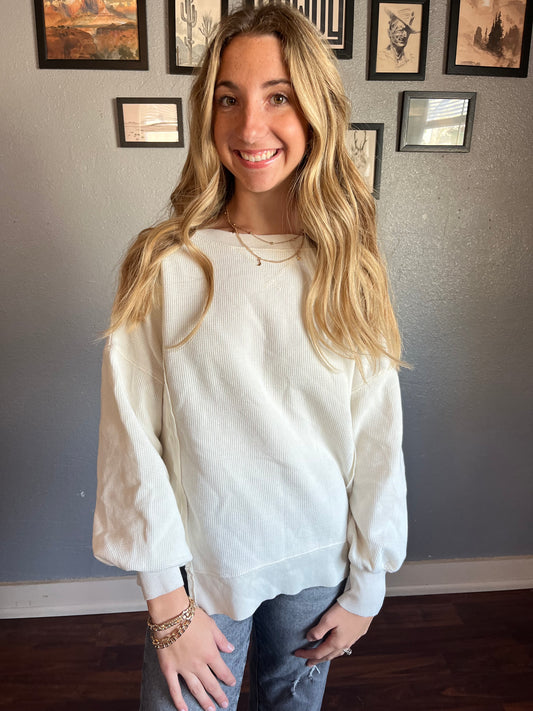 White Waffle Knit Sleeve Split Long Sleeve